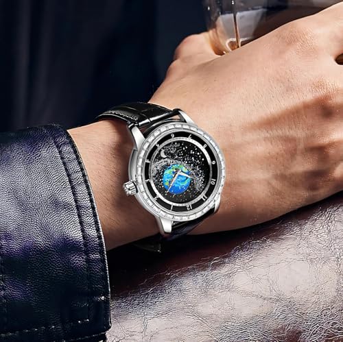 Image of FORSINING Watches for Men Rhinestone Inlay Rotational Starry Sky Moon Phase Mechanical Automatic Watch Waterproof for Business Leather Wristwatch
