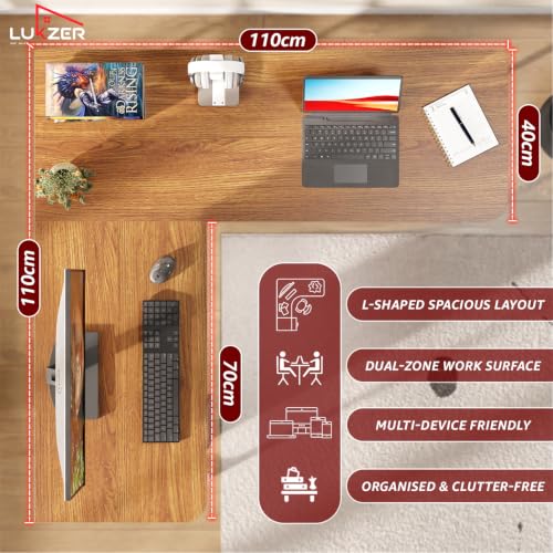 Image of Lukzer L-Shaped Study Table for Home or Office (MST-007 /White & Oak Brown) Metal & Engineered Wood Corner Computer Desk, Laptop & Gaming Station for Students and WFH (110 x 110 x 75 cm) Easy DIY