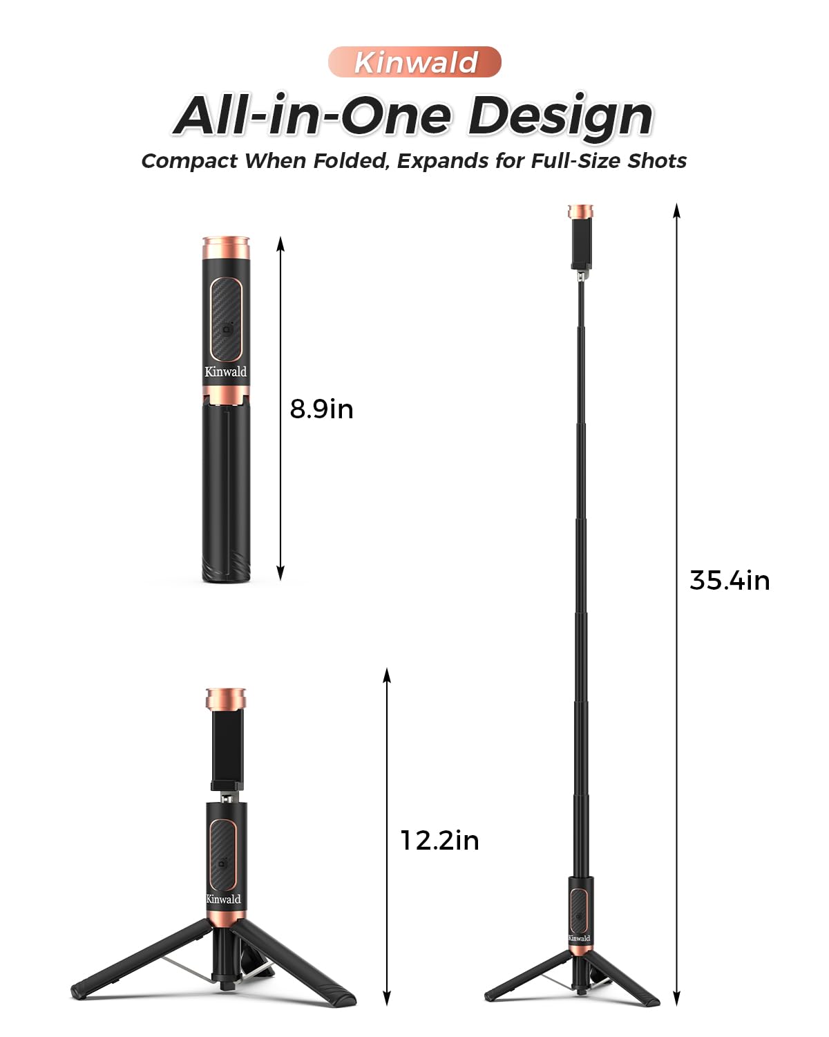 Selfie Stick Tripod for iPhone & Android, Portable Phone Tripod Stand with Bluetooth Remote, One-Click Open, Compact & Lightweight, All-in-1 for Vlog/Travel/Photography (Black)