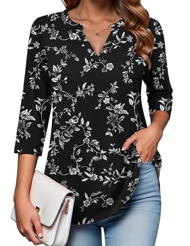 Zeagoo Women's Tunic Tops Dressy Casual 3/4 Sleeve Blouse V Neck Shirts Fashion White Floral M