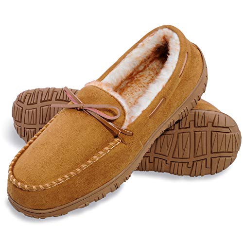 Harebell Men's Moccasin Slippers Plush Memory Foam House Slippers Indoor Outdoor Non-Skid Home Shoes Beige 13 M US