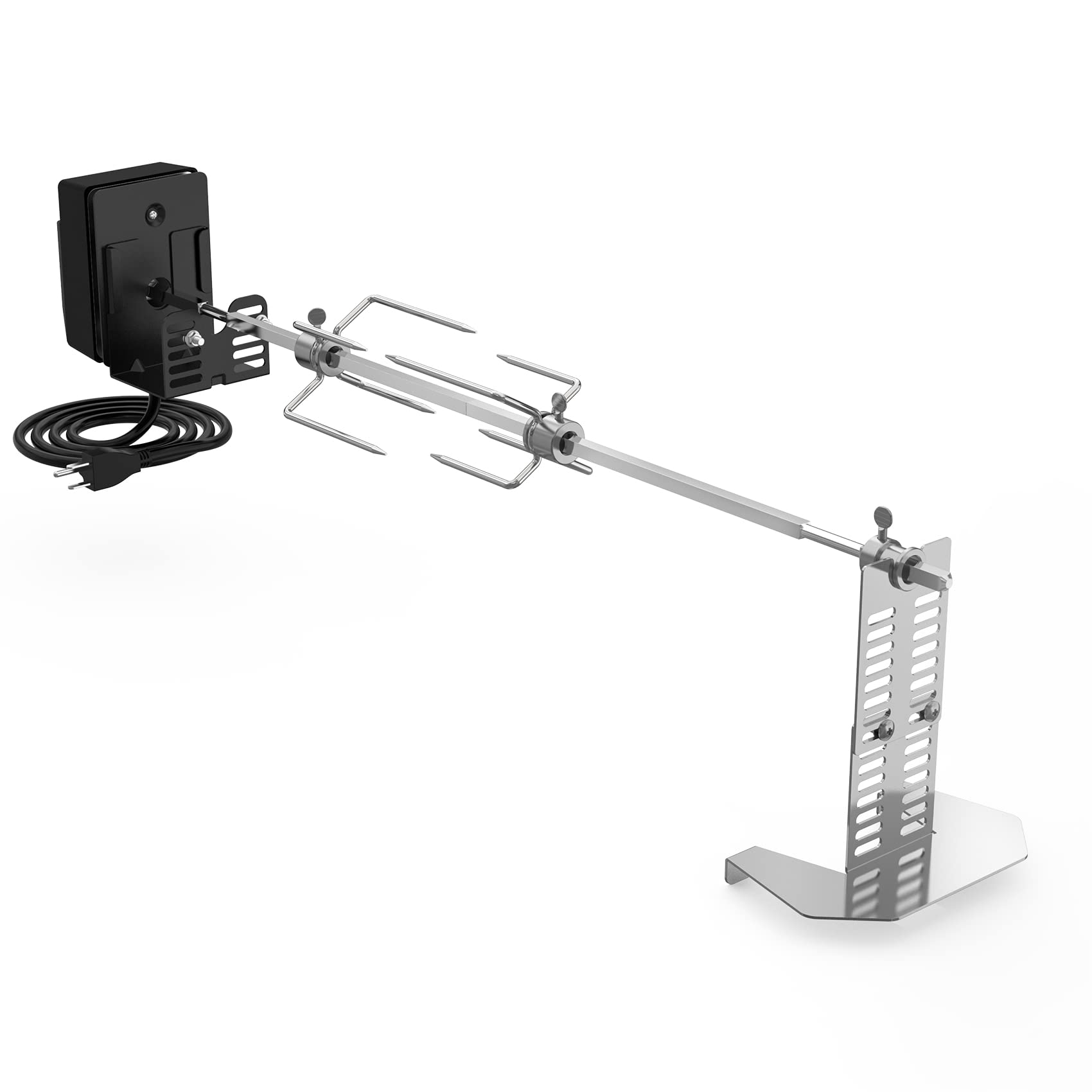 Kit de asador universal para barbacoa para la mayoría de las parrillas de gas, incluye motor eléctrico de 110 V 4 W, tenedores de carne de 4 puntas y barra de asador cuadrada de 28 pulgadas 7