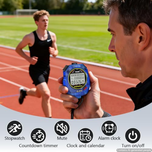 Image of Stopwatch Timer 10 Splits /Laps Digital Stop Watch for Sports, Countdown Alarm Clock Date Memory Recall Large Display, Stopwatch for Coaches PE-Teacher Referee (Blue, 10 Splits /laps)