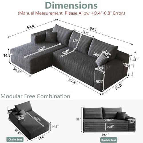 Image of 95 inch Modular Sectional Sofa, Modern Corduroy Cloud Couch with Side Pockets, Boneless Couch Upholstered 3-Seater L-Shaped Sofa for Living Room, No Assembly Required (Dark Gray,Left-Facing Chaise)