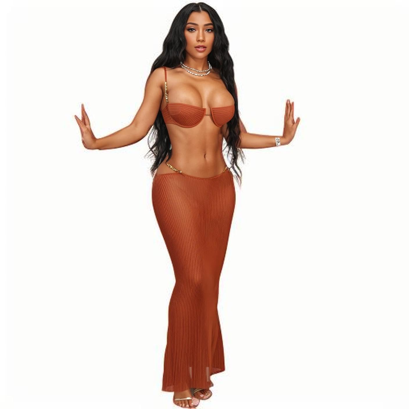 Women's Dress Set, Sexy Knitted Mesh See-Through Lingerie Set, Slim-Fit Party Club Maxi Skirt