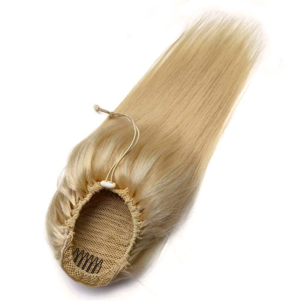 Human Hair Ponytail Extension with Drawstring Silky Straight #613 Light Blonde 14 Inches