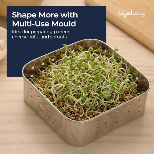 Image of Lifelong Stainless Steel Paneer Mould Maker (550ml) | Press Fit Lid for Firm Texture | Easy Paneer Shaping & Whey Draining | Rust Resistant Tofu Mould Press for Square Paneer Blocks, Cheese, & Sprouts