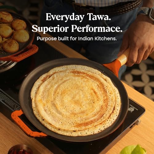 Image of CUMIN CO. Cast Iron Non Stick Dosa Tawa 28 cm | Induction Base Cookware | 10 Year Warranty | Chemical Free Coating | Non Toxic Tawa for Dosa /Chilla | Free Accessories | No Seasoning Needed | Rust