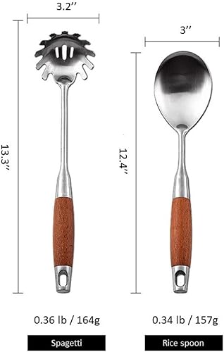 Miniatura 8 de Juego de utensilios de cocina de acero inoxidable con mango de madera, 8 utensilios de metal, utensilios ergonómicos y cómodos para servir, cuchara