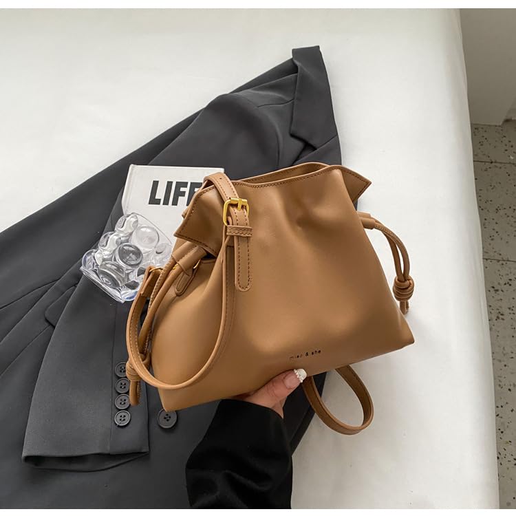 Image of Ladies' fashionable minimalist bag, drawstring bucket bag, single shoulder crossbody bag, pleated bag