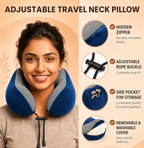 Image of DOLTAS Memory Foam Travel Pillow for Neck Pain Relief, Includes Eye Mask & Noise Isolating Ear Plugs, Portable Combo for Men & Women, Ideal for Long Flights & Road Trips | Velvet Navy Blue
