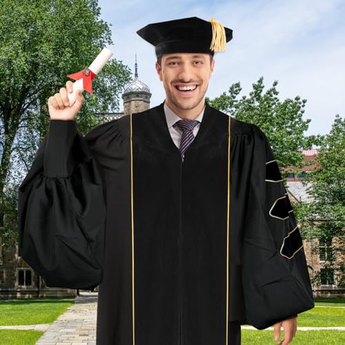 Image of Unisex Deluxe Doctoral Graduation Gown with 8 Sides Doctorate Tam | Gold Piping Doctoral Regalia for Graduation Ceremony Black-54