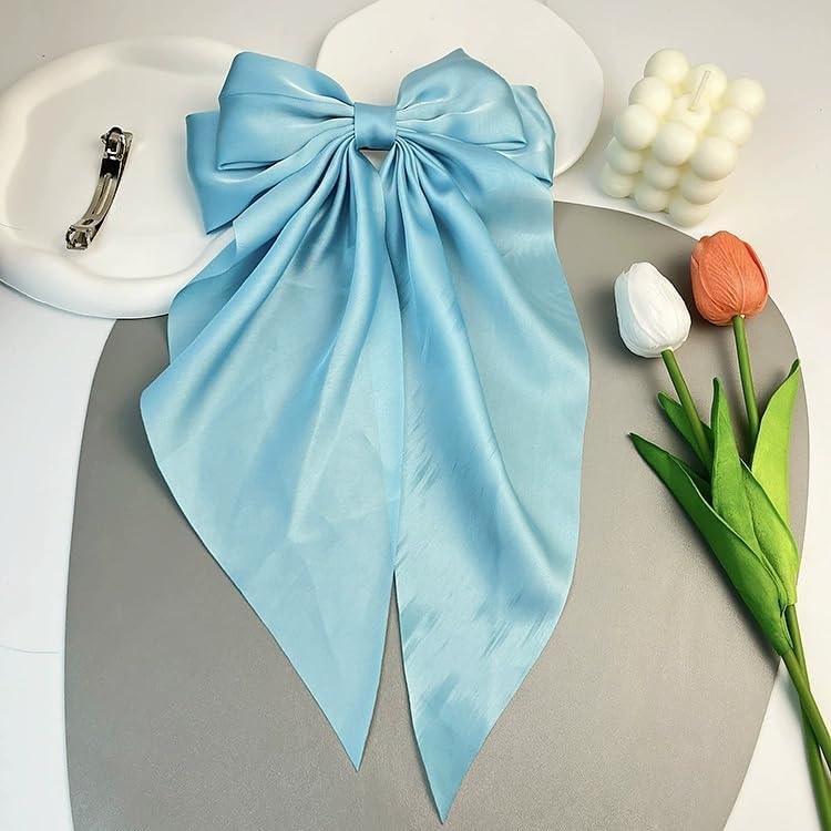 2 Pinzas de Pelo con Lazo Jumbo de Satén Seda, Clips franceses metálicos grandes para Mujeres y Niñas, Azul Claro miniatura 6