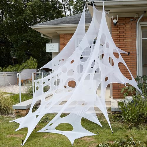 Image of JOYIN 1000sqft Halloween Spider Web Decoration Outdoor, Glow-in-the-Dark Giant Spiderweb, DIY Stretchy Flexible Beef Netting in White (Blue at Night) for Neon Decor Indoor Party Haunted House Prop