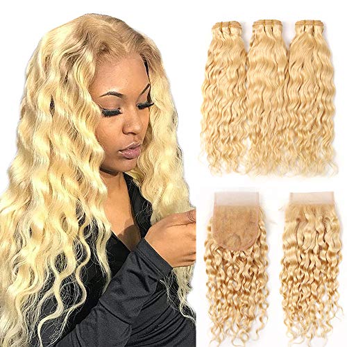 613 Blonde Human Hair Bundles With Closure Brazilian Virgin Hiar Water Wave 3 Bundles With Lace Closure Free Part Blonde Bundles With Closure Remy Hair(12 12 12 with 10 Inch)