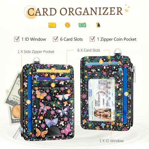 Image of Kelvoris Butterfly Flowers Credit Card Holder Small Wallet Women, Slim RFID | Keychain, Zipper Coin Pocket, Front Pocket Thin Travel Card Case, Minimalist, 6 Card Slots, 1 ID Window, Ladies Gifts Woman