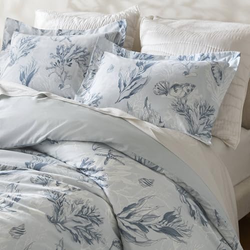Harbor House Luxury T300 100% Cotton Sateen Queen Duvet Cover Set – Silky-Smooth & Breathable, Paros Print, Knife Edge Finish, Shell Button Closure, Includes Shams