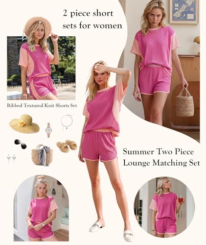 Image of MARZXIN Women 2 Piece Shorts Set 2026 Casual Summer Cruise Outfits Ribbed Loose Short Sleeve Pocket Matching Lounge Sets