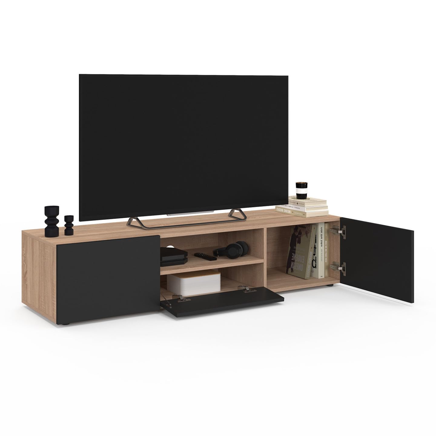 IDMarket - Meuble TV 140 cm ELI Bois façon hêtre Portes Noires