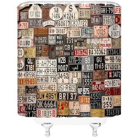 jingjiji Car Shower Curtain Old License Plate Rusty Metal Sign Retro American Truck Poster Garage Antique Country Farm Bathroom Decoration Curtains Polyester Fabric with Hook (Brown, 59 X 71 Inch) Cover