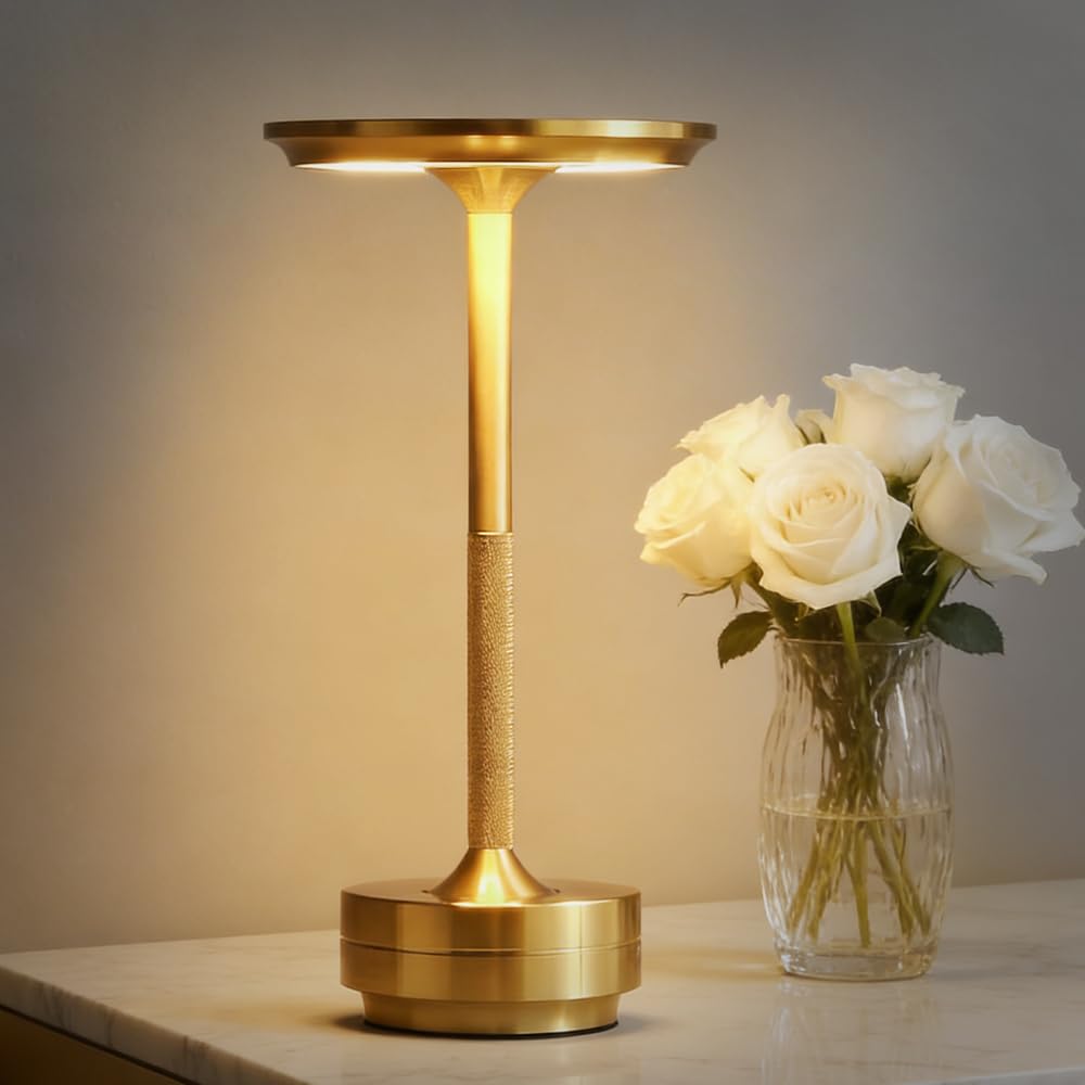 Jonuin Cordless Table Lamp, 3 Color Stepless Dimmable Bedside Lamps, USB Rechargeable Table Lamp, 4000mAh Battery Wireless Lamps with Touch Control for Home, Restaurant, Bar, Coffee Shop (Gold)