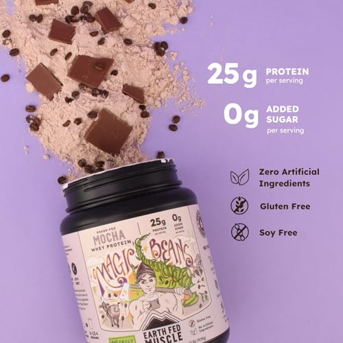 Image of Earth Fed Muscle Magic Beans Mocha Irish Grass Fed Whey Protein Isolate, Third-Party Certified. 25g Protein, Mocha - Non-GMO, Hormone Free, Soy Free, Gluten Free - 2 LB, 29 Servings