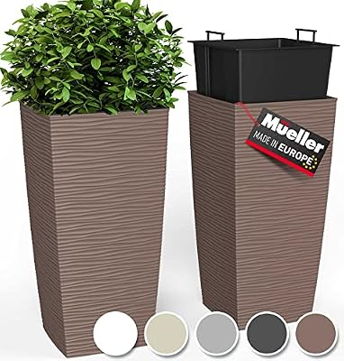 Mueller M-Resin Heavy Duty Tall Planters for Outdoor Plants, Indoor Grande Plant Pots, Boxes, Trees, Flower Pots, 2-Piece Set, 18”, Modern Design, Built-in Drainage, Front Porch Decor, Mocha