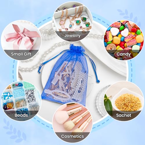 Image of ANZNKU 50 Pack Royal Blue Organza Bags 5x7 Inch, Small Mesh Bag Drawstring Mesh Gift Bags Jewelry Pouches for Baby Shower, Easter Gifts, Birthday Party Favors