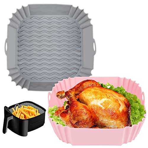 Boribim 2 PCS Square Silicone Air Fryer Liners - 8 Inch Reusable Air Fryer Pot - Air Fryer Accessories - Air Fryer Inserts for 4 to 7 QT Oven Microwave Accessories (Grey + Pink)