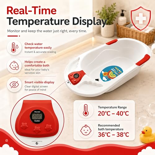 Image of StarAndDaisy Baby Bath Tub for 0 to 5 Years with Temperature Sensing Meter & Anti-Skid Legs /Baby Bathing Tub for Newborn & Toddlers /Kids Bath Tub (SBT-White Red)