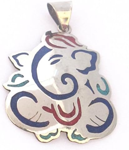 Tibetan silver Ganesha pendant from Nepal with turquoise coral and lapis inlay - PM171