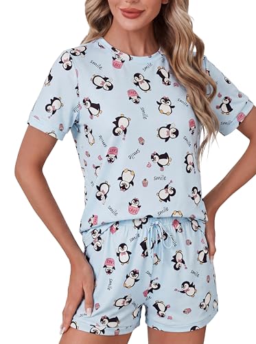 Image of LYANER Pajama Set for Women 2 Piece Lounge Set Striped Crew neck Short Sleeve Tops and Shorts Soft Sleepwear