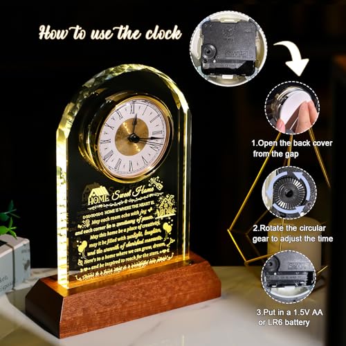 Image of Arikyrist House Warming Gifts Glass Clock with Wooden LED Light Base for Women Men Unique New Home Gift Ideas Crystal House Warming Gifts for Couples Family Home Blessing Keepsakes Tabletop Decor