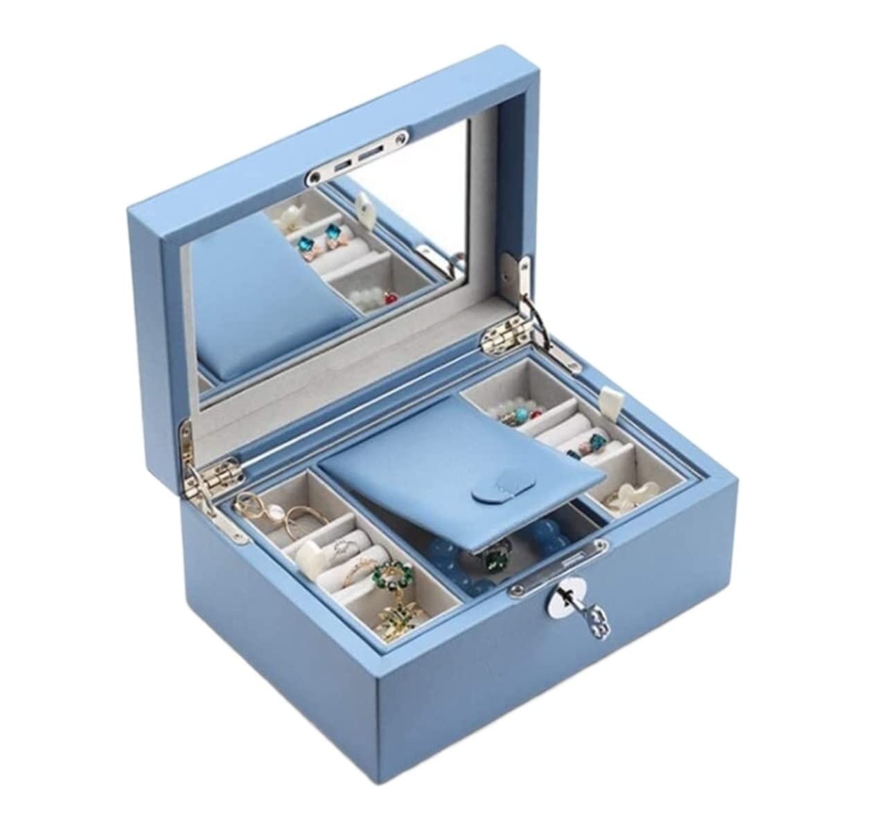 Boîte à bijoux en bois avec serrure - Boîte à bijoux double couche - Grande capacité - Boîte à bijoux créative de mariage pour femme (bleu, 21 x 9,8 x 15,1 cm)