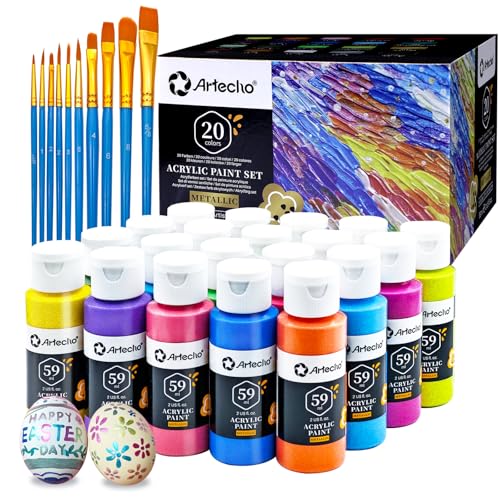 Image of Artecho Acrylic Paint Set 20 Metallic Colors 2oz /59ml with 10 Brushes