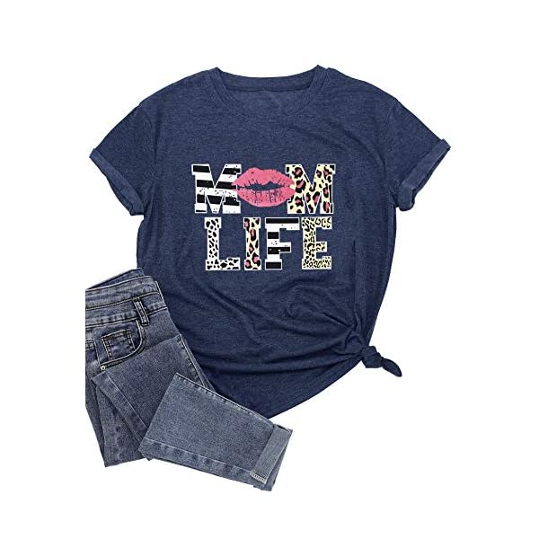 Women Mom Life T-Shirts Leopard Lips Stripe Graphic Shirts Funny Letter Printed Tee Mother's Day Casual Blouse