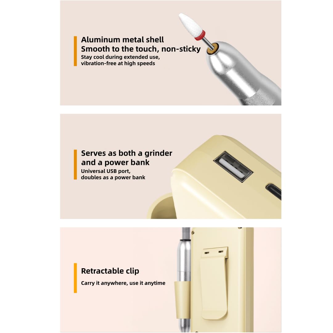Trapano professionale ricaricabile per unghie, 30000 giri/min, lima elettrica portatile per unghie, 45 impostazioni di velocità e rotazione bidirezionale, per manicure e pedicure, giallo