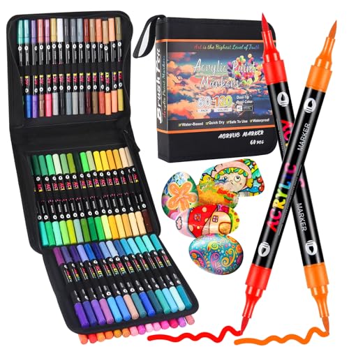 TrendGate 120 Couleurs 60 stylos Feutre Acrylique, Feutre Peinture Acrylic Double Pointe Pinceau, Marqueur Acrylique Pour Papier, Verre, Galet, Métal, Plastique, Bois, Oeuf, Céramique, Textile