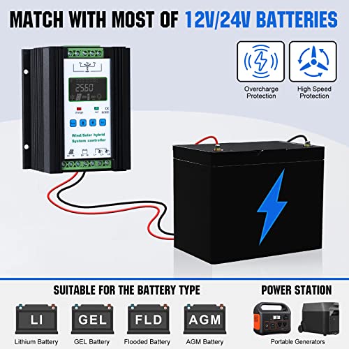 ECO-WORTHY Windturbine Generator 400W DC12V-24V mit 3 Blättern 5,6 Meilen pro Stunde niedrige Startwindgeschwindigkeit mit Solar Wind Hybrid Laderegler, Windrad für Haushalt/Solar Wind Inselsystem
