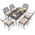 AIWOEN 7-Piece Cast Aluminum Patio Furniture, Patio Dining Set for 6 Include 59" Rectangular Outdoor Dining Table and 6 Stackable Chairs with Cushions & Umbrella Hole (Bronze)
