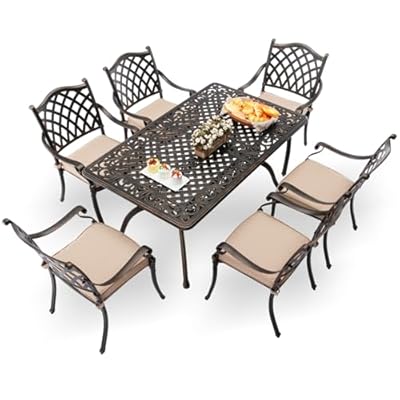 AIWOEN 7-Piece Cast Aluminum Patio Furniture, Patio Dining Set for 6 Include 59" Rectangular Outdoor Dining Table and 6 Stackable Chairs with Cushions & Umbrella Hole (Bronze)