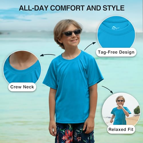 Kanu Surf Boys' Short Sleeve UPF 50+ Rashguard Swim Shirt, Solid Aqua, Small (8)