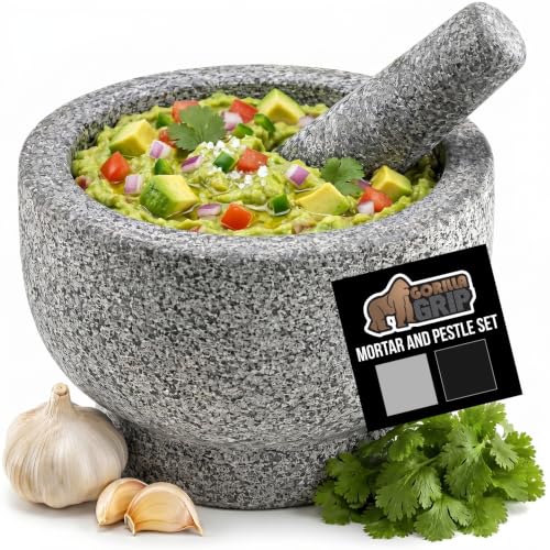 GORILLA GRIP 100% Natural Granite Stone Mortar and Pestle Set, Non-Scratch Base, Heavy Duty...