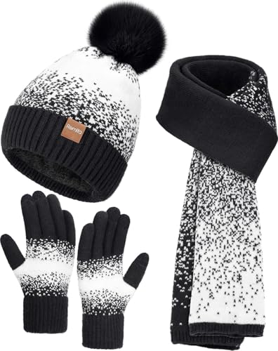 Remifa Womens Winter Beanie Hat Scarf Gloves Set, Pom Pom Warm Hat Long Knit Scarf Touchscreen Gloves 3 In 1 Christmas Gifts