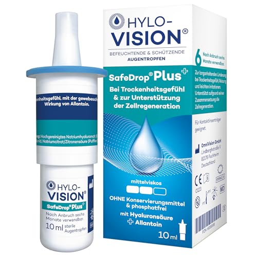 Hylo-Vision SafeDrop Plus Augentropfen – Bei trockenen und gereizten Augen, unterstützt die Zellregeneration, mittelviskos, konservierungsmittelfrei, geeignet bei Kontaktlinsen, 10 ml