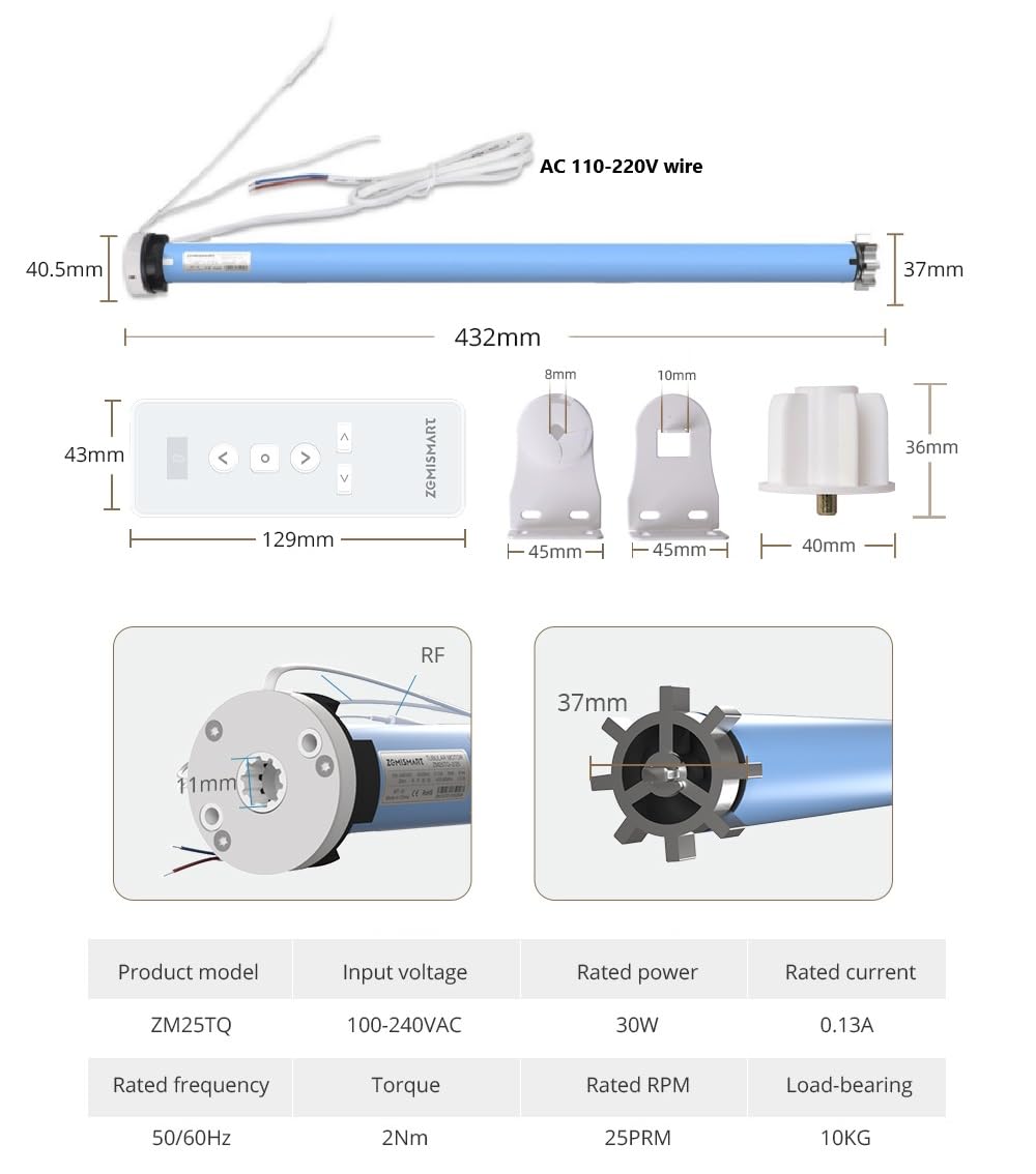 zemismart WiFi Motorizzato Tende a Rullo Motore per Tubo da 38 MM 2Nm Motore Tubolare per Otturatore Max 10 KG Blind Smart Life/Timer APP Tuya,Controllo Vocale Alexa Echo Telecomando (10)