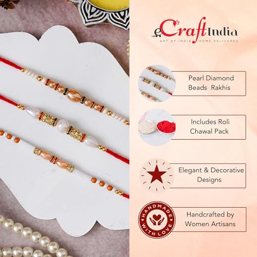 Image of eCraftIndia Red & Golden Set of 3 Trishul with Damru, Lord Ganesha, & Lord Krishna Playing Flute Religious Rakhis with Roli Chawal Pack