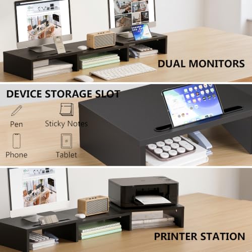 Image of WALI Extra Long Wooden Dual Monitor Stand Riser with 2 Slots, up to 22lbs | Underneath Storage, Adjustable Length & Angle, Multi-Purpose Desktop Organizer Desk Shelf for Home Office PC, Laptop, Printer