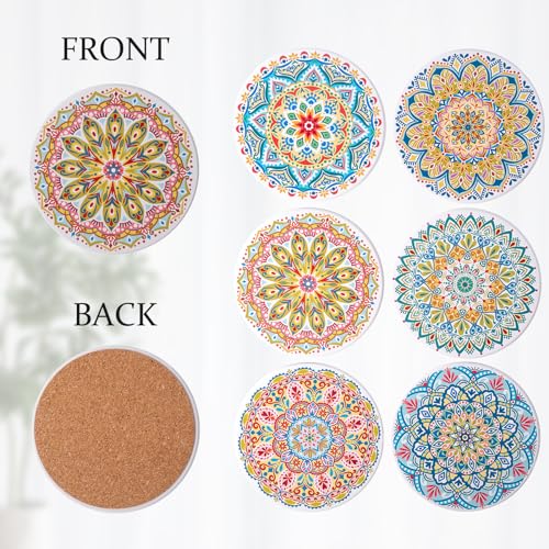 STARUBY Drink Coasters Set of 6 Ceramic Coaster Beautiful Absorbent Coaster Drink Mat with Cork Base Flower2 Patterns Round Coaster Non Slip for Coffee,Beer,Mug,Wine Glass Bottle,Home and Bar - Image 3