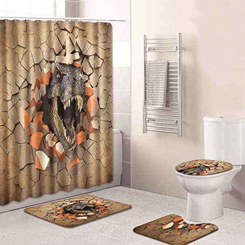 ZQMHCY Duschvorhang Orange Dinosaurier Braun Shower Curtains 4-Teiliges Set, 1 Duschvorhang 180x180 Polyester+1…